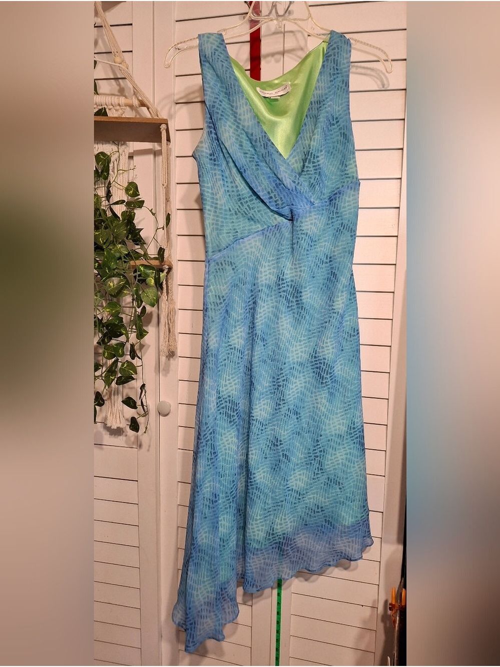 Donna Ricco 100% Silk Lime Green and Aqua Patterned Midi Dress Sz 8